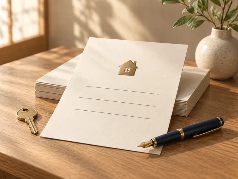 契約書、ペン、鍵を並べた契約のイメージ