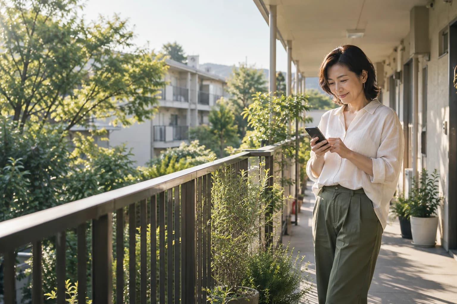 アパートの明るい共用廊下でスマートフォンを確認する女性オーナー