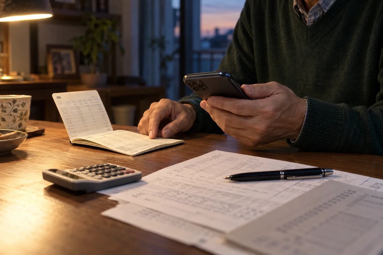通帳・帳簿とスマートフォンで家賃の入金を確認するオーナーの手元